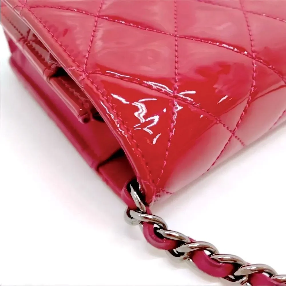Auth Chanel Brilliant Pink Quilted Patent Leather Wallet on Chain (WOC) Clutch